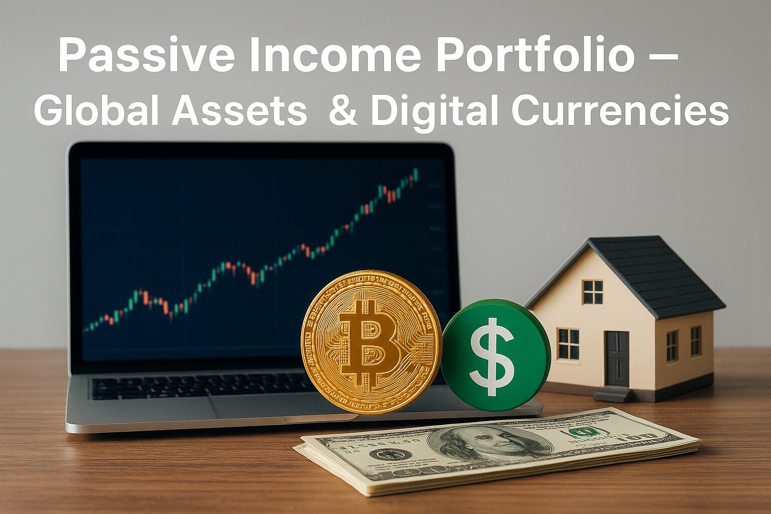 Laptop with financial graphs, Bitcoin and stablecoin icons, real estate buildings, and US dollars symbolizing global passive income strategies