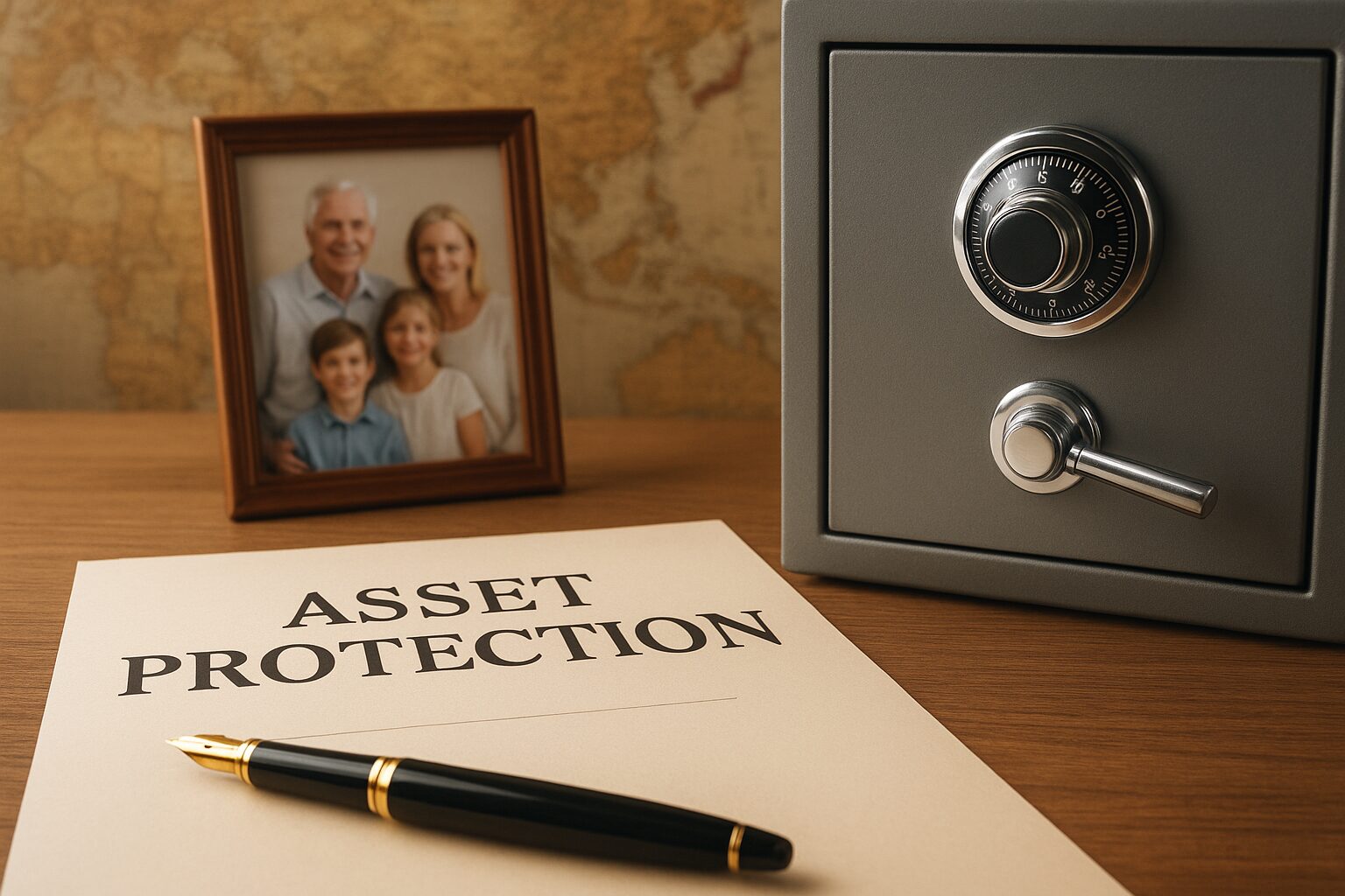 Legal documents and a vault with a world map, symbolizing asset protection and family trusts across generations