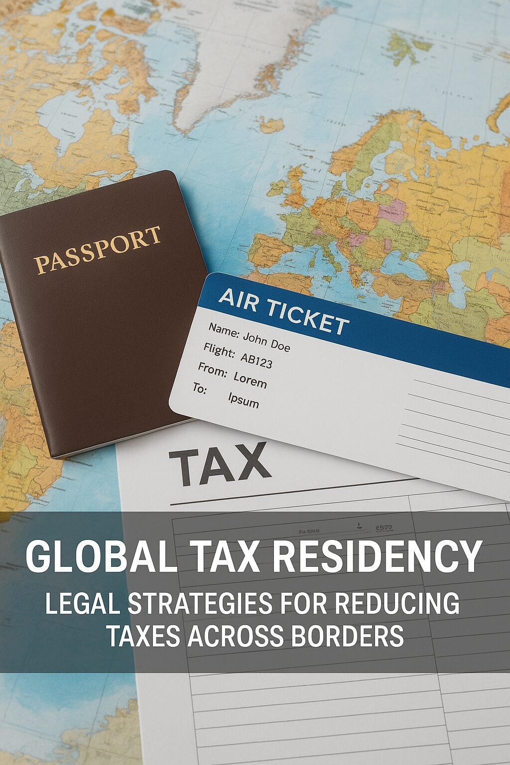 Passport, plane ticket, and tax documents placed on a world map, symbolizing global tax residency planning