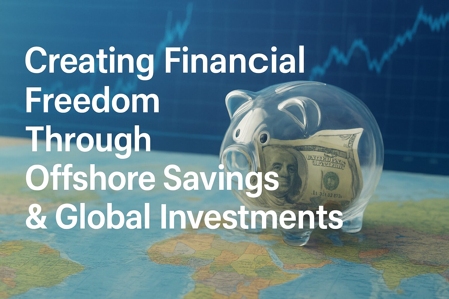 A transparent piggy bank filled with U.S. dollars placed on a world map, symbolizing offshore savings and global investments for financial freedom.