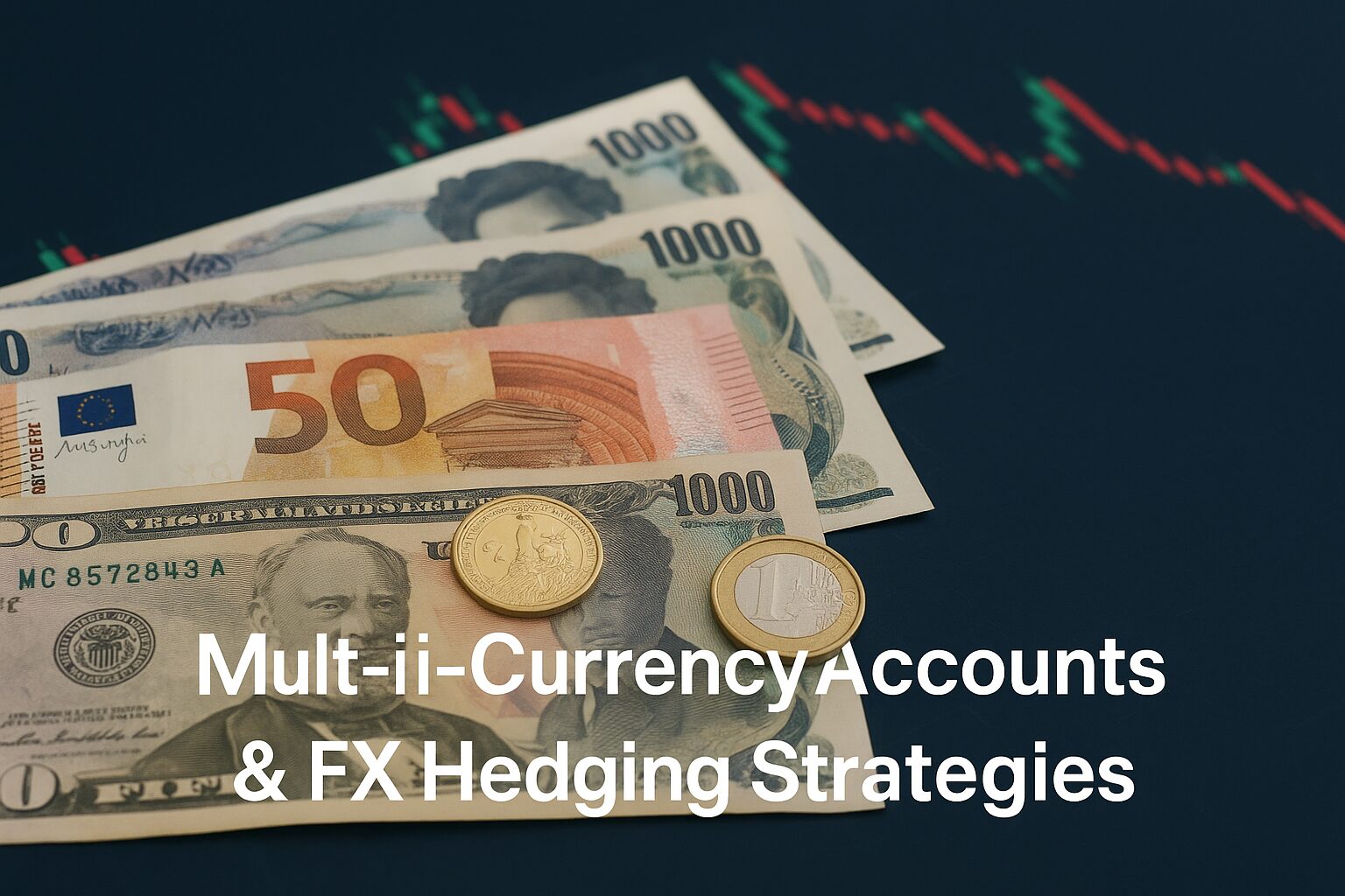 A mix of global currencies (USD, EUR, GBP, JPY) with a forex trading chart in the background