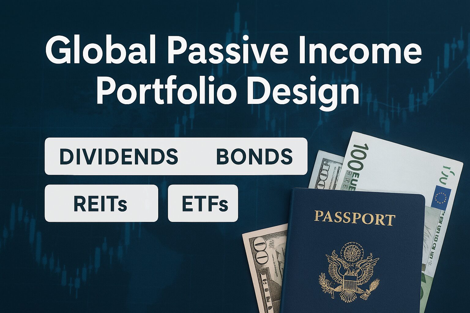 Global passive income portfolio illustration with diversified investments including dividends, bonds, REITs, and ETFs