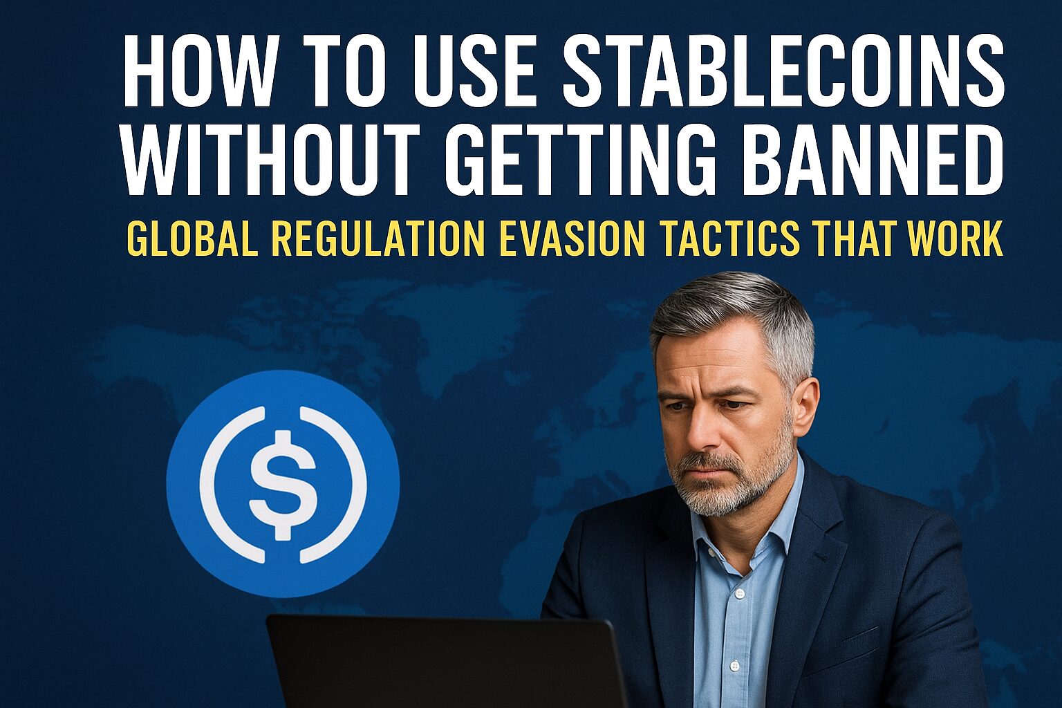 A serious man in a suit looks at a laptop screen with concern, behind him is a blue background with a global map and a stablecoin icon. The headline emphasizes how to use stablecoins without getting banned.