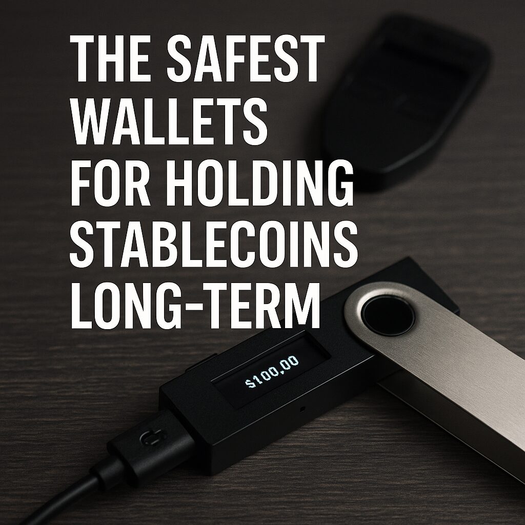 A secure digital wallet setup with a cold storage device and stablecoin logos, representing long-term protection of digital assets