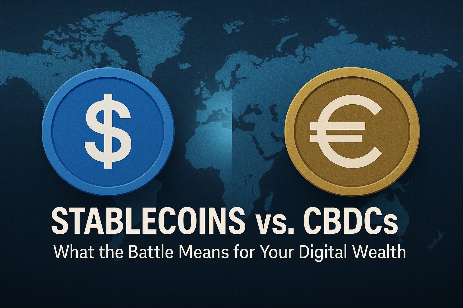 A digital illustration showing a blue stablecoin symbol and a gold CBDC icon, with a world map in the background and bold text reading “Stablecoins vs. CBDCs”.