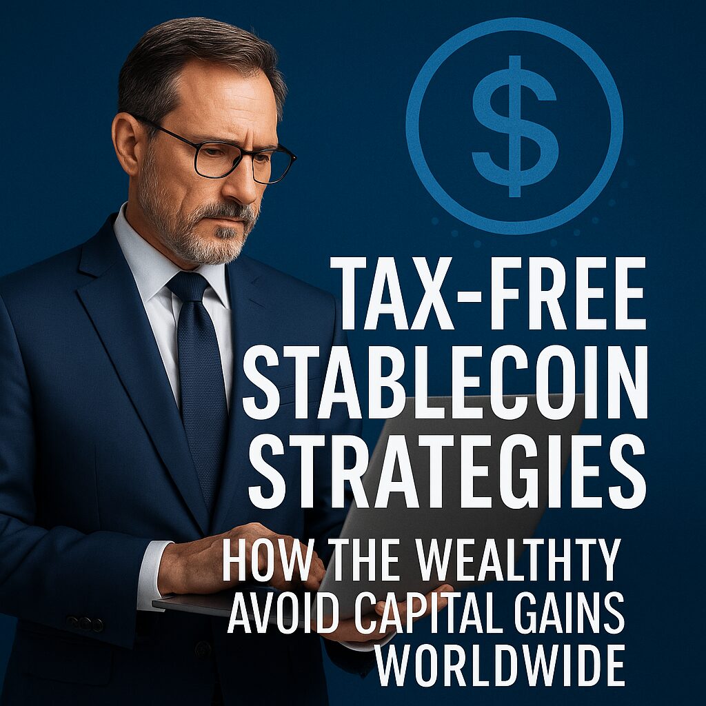 A middle-aged man in a blue suit looks at his laptop with focus. The bold text reads “Tax-Free Stablecoin Strategies – How the Wealthy Avoid Capital Gains Worldwide,” with a stablecoin icon in the background.