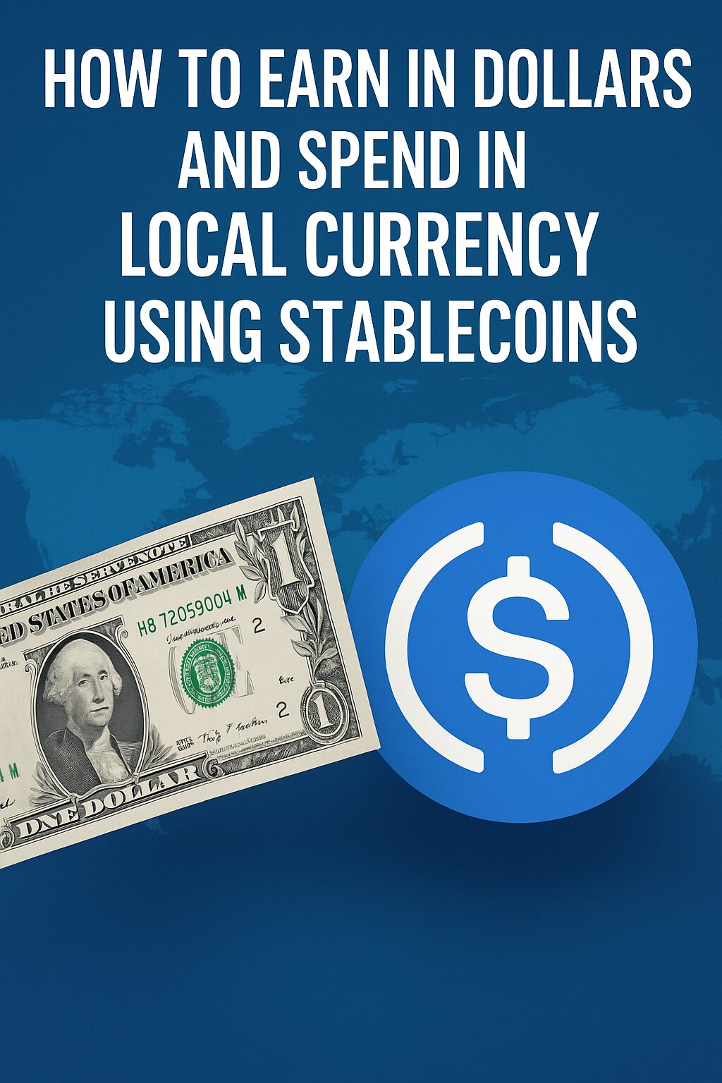 An image showing a U.S. dollar bill and a blue stablecoin symbol side-by-side against a global map background, with bold text reading “How to Earn in Dollars and Spend in Local Currency Using Stablecoins.”