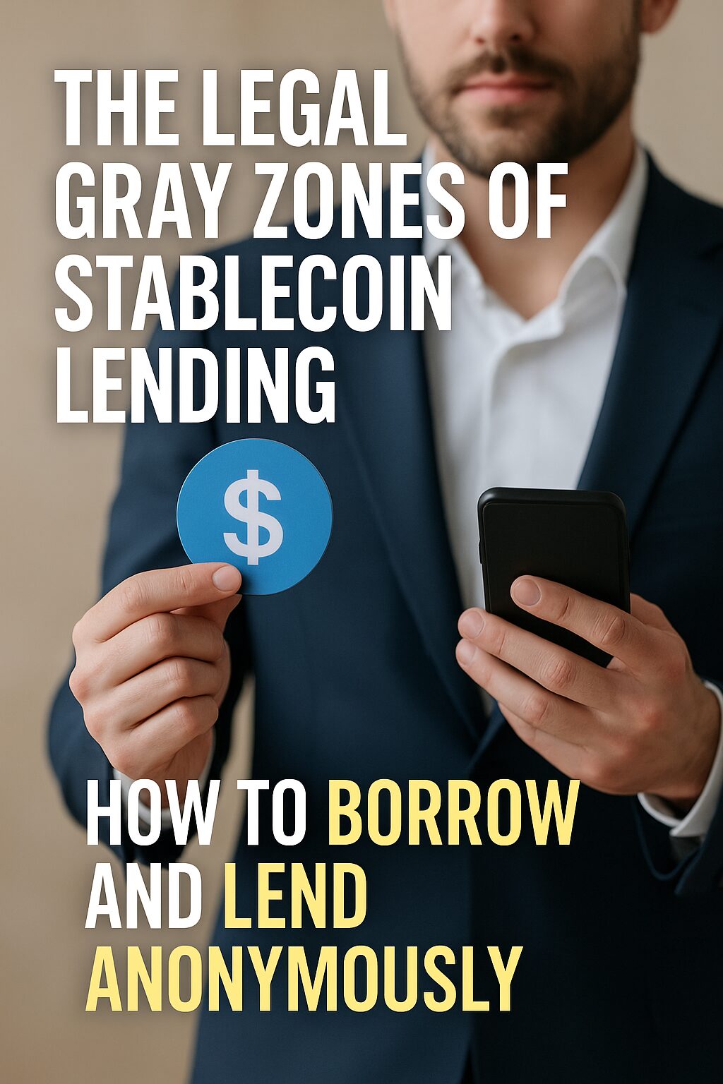 A professional man in a navy blazer holds a blue stablecoin symbol and a black smartphone. The background is softly lit, and overlaid text reads: “The Legal Gray Zones of Stablecoin Lending – How to Borrow and Lend Anonymously.”
