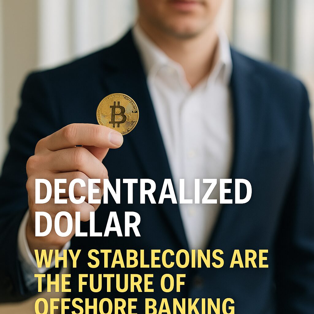 A professionally dressed man in a dark suit stands with arms crossed beside an overlaid title: “Decentralized Dollar – Why Stablecoins Are the Future of Offshore Banking.” The background shows international financial icons.