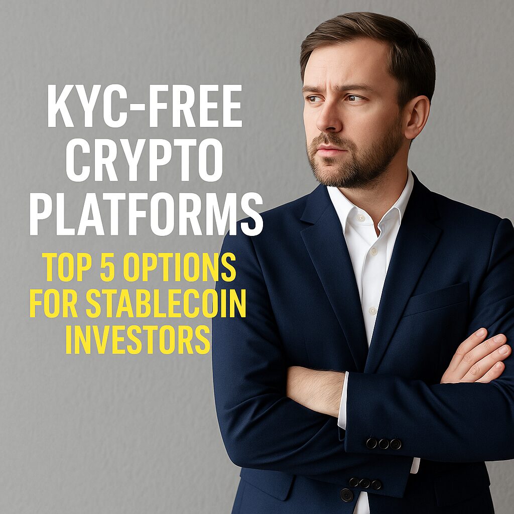 A digital photograph with overlaid text reads “Top 5 KYC-Free Crypto Platforms for Stablecoin Users.” The image shows a secure crypto wallet interface with a stablecoin icon and no personal ID fields visible.