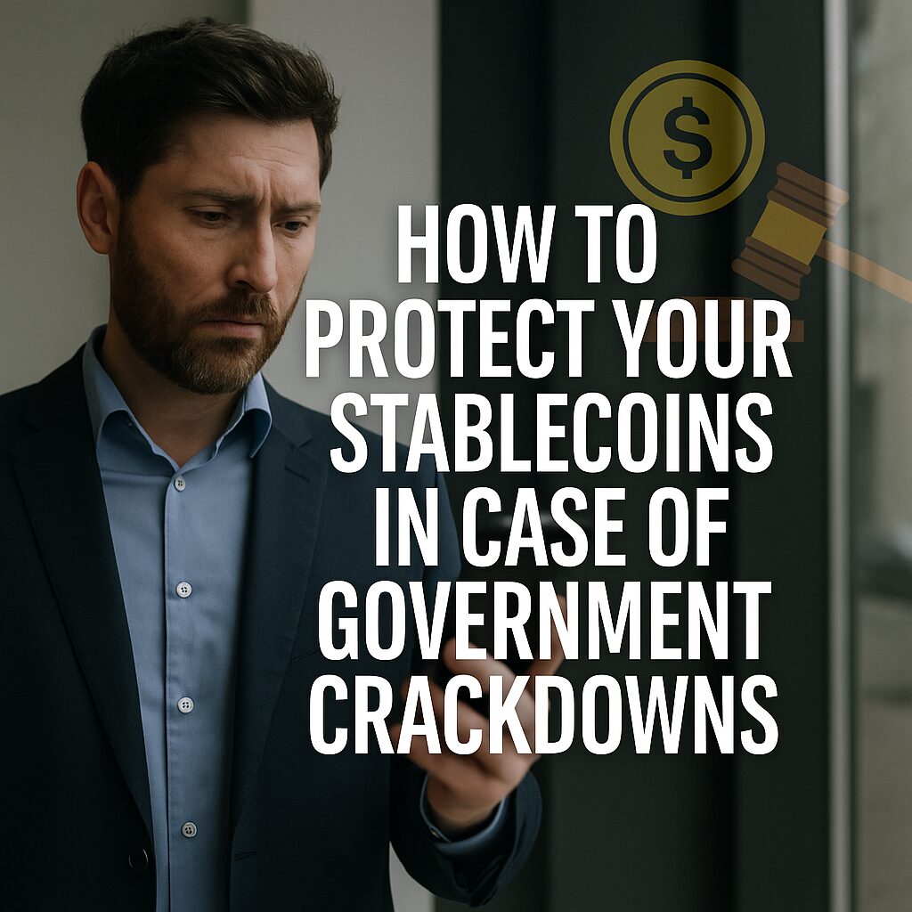 A digital photograph with overlaid text reads “Protect Your Stablecoins from Government Crackdowns.” A man in a hoodie monitors a crypto dashboard in a dimly lit room with symbols of USDT, USDC, and DAI faintly glowing.