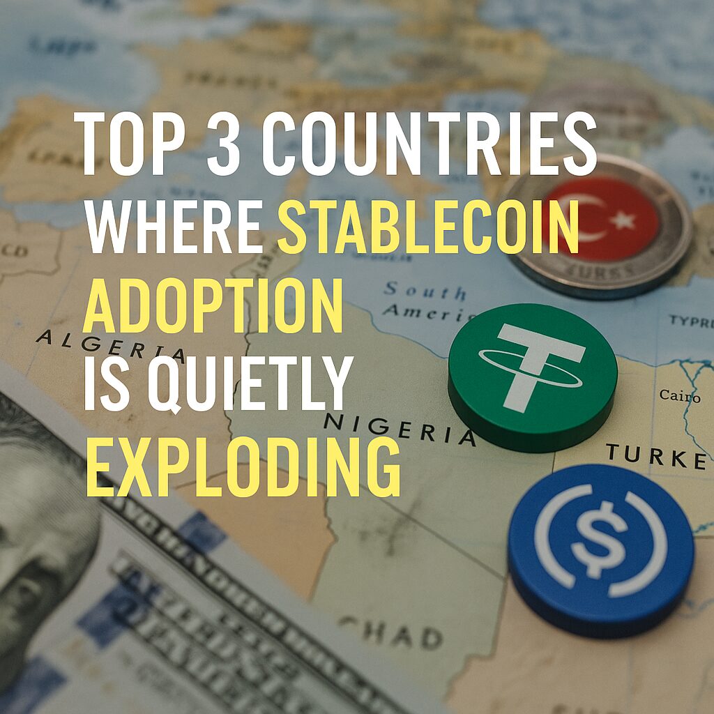 A composite digital photograph with overlaid text that reads “Top 3 Countries Where Stablecoin Adoption Is Quietly Exploding.” The background features cityscapes from Buenos Aires, Lagos, and Istanbul with subtle crypto icons.
