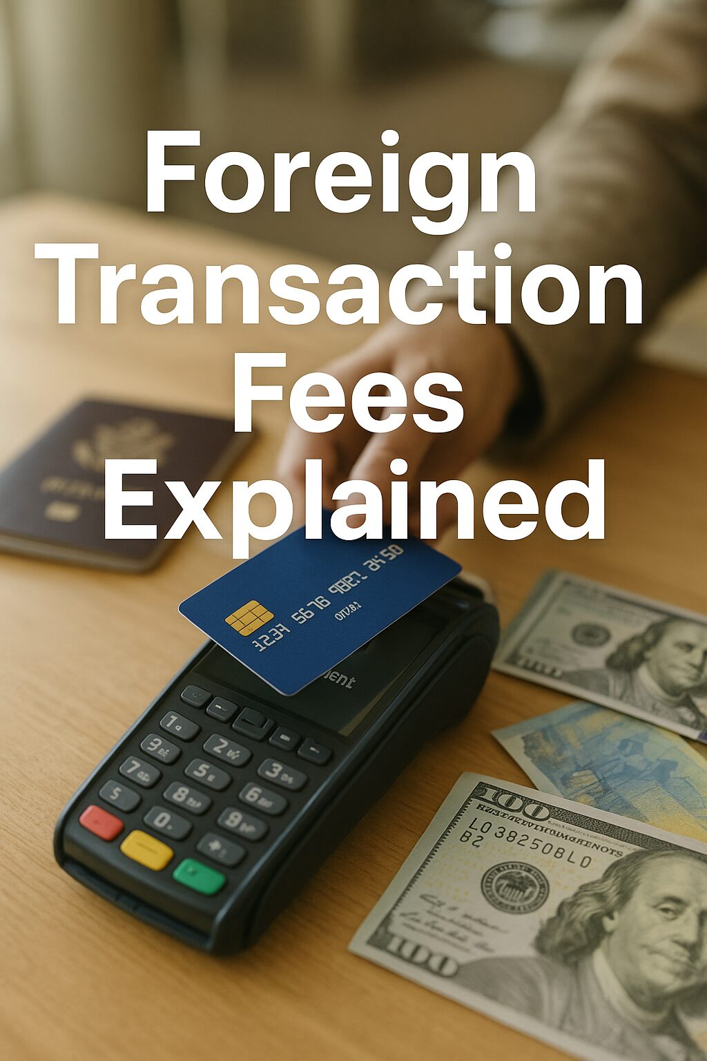 A traveler paying with a credit card abroad, illustrating foreign transaction fees and currency exchange costs