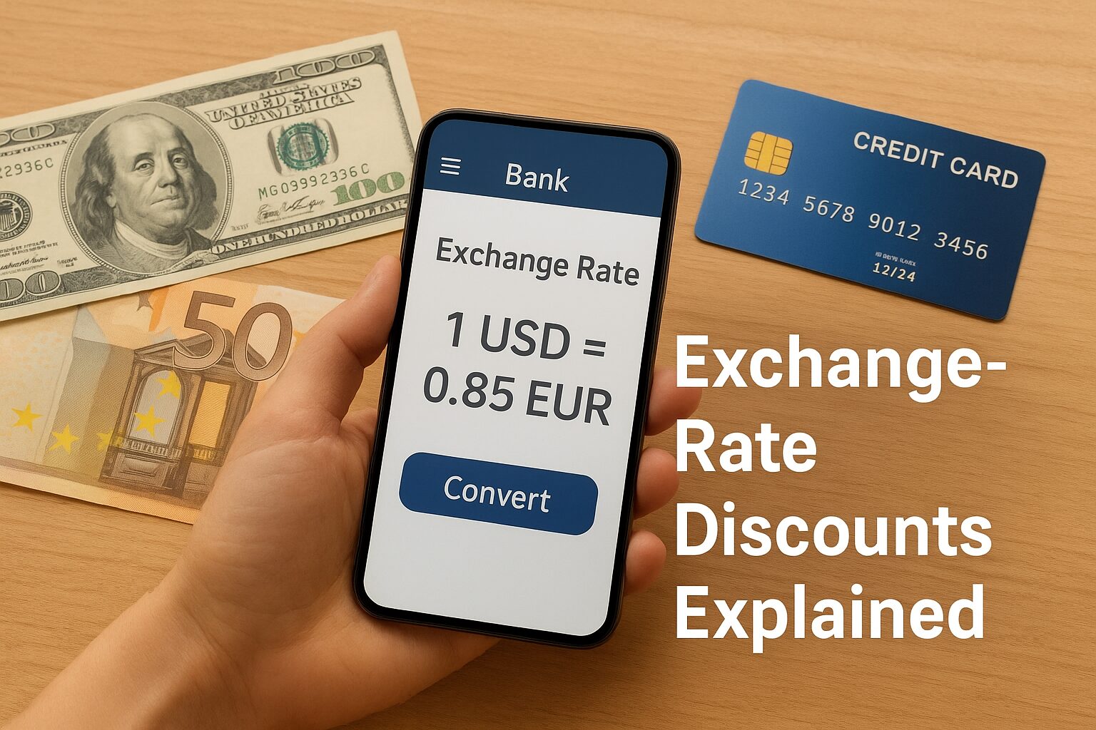 A traveler checking exchange rates on a mobile banking app with cash and a credit card on the table