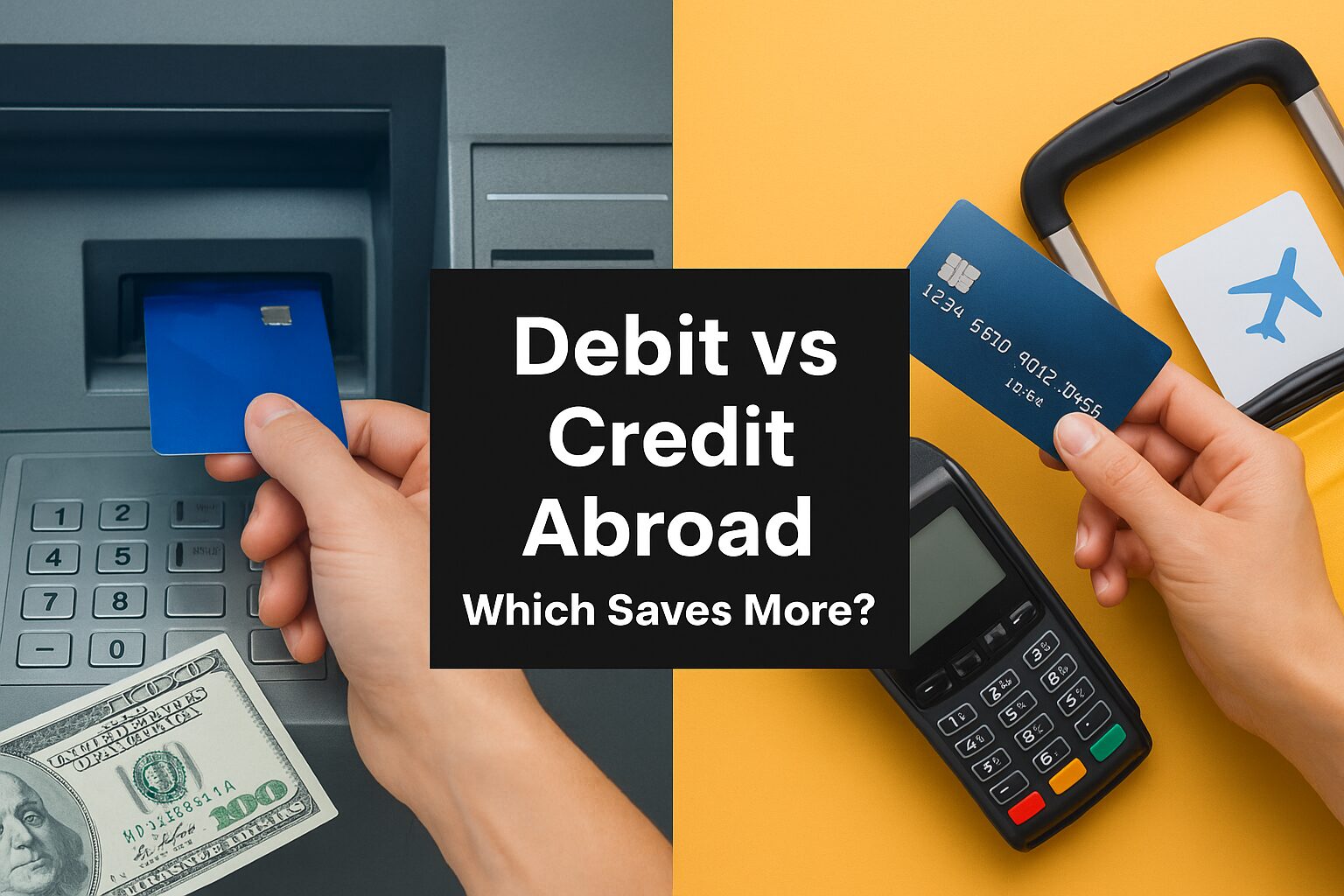 A split-screen image showing debit vs credit card usage abroad, highlighting travel savings and rewards