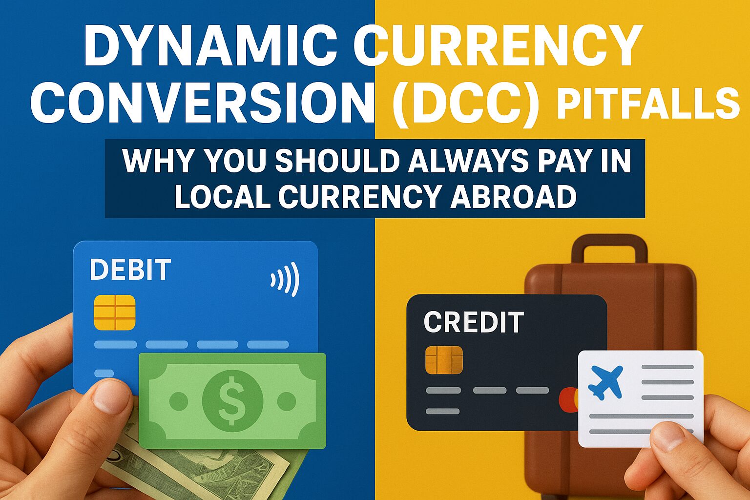 A realistic travel wallet with passport, smartphone showing multi-currency balances, and boarding pass on a wooden table