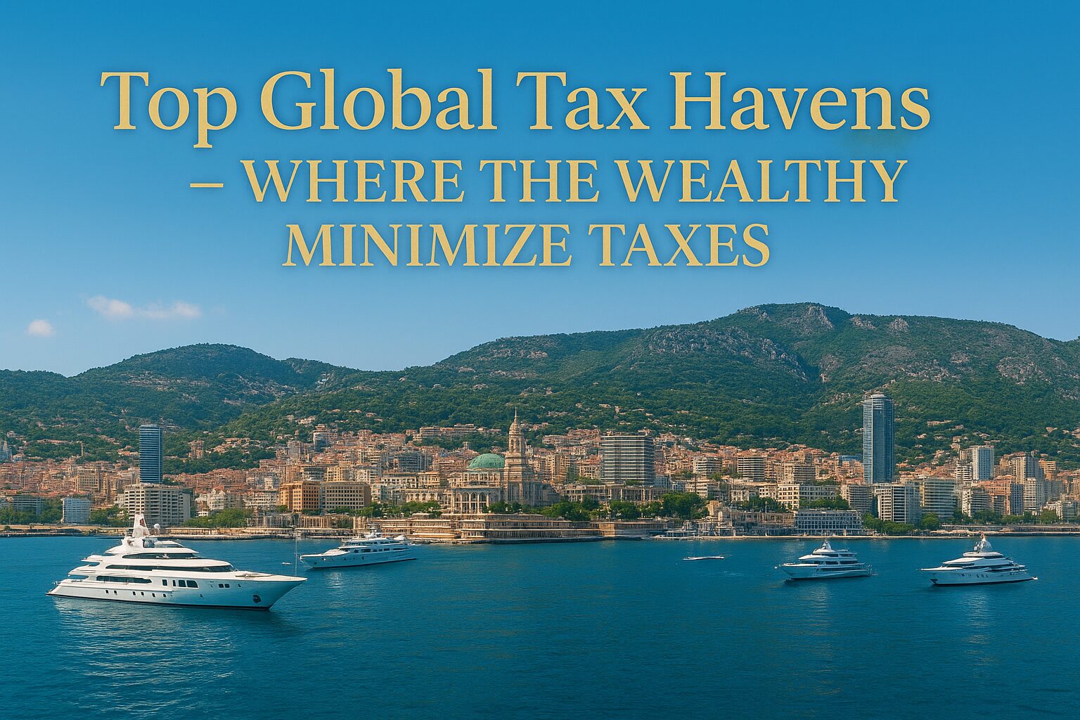 A panoramic view of luxury yachts in Monaco with skyline of global financial hubs, symbolizing top global tax havens.
