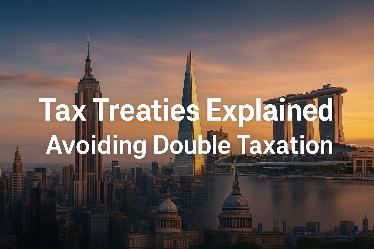 Panoramic view of global financial centers with overlay text “Tax Treaties Explained – Avoiding Double Taxation”