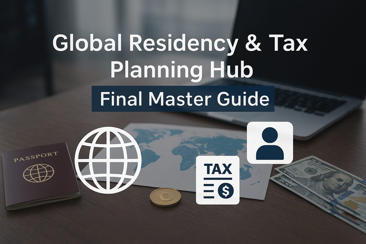 A global tax and residency planning guide with passports, maps, and business icons on a modern office desk.