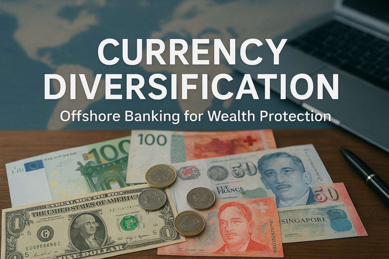 Offshore banking concept with multiple currencies (USD, EUR, CHF, SGD) on a desk with a world map.