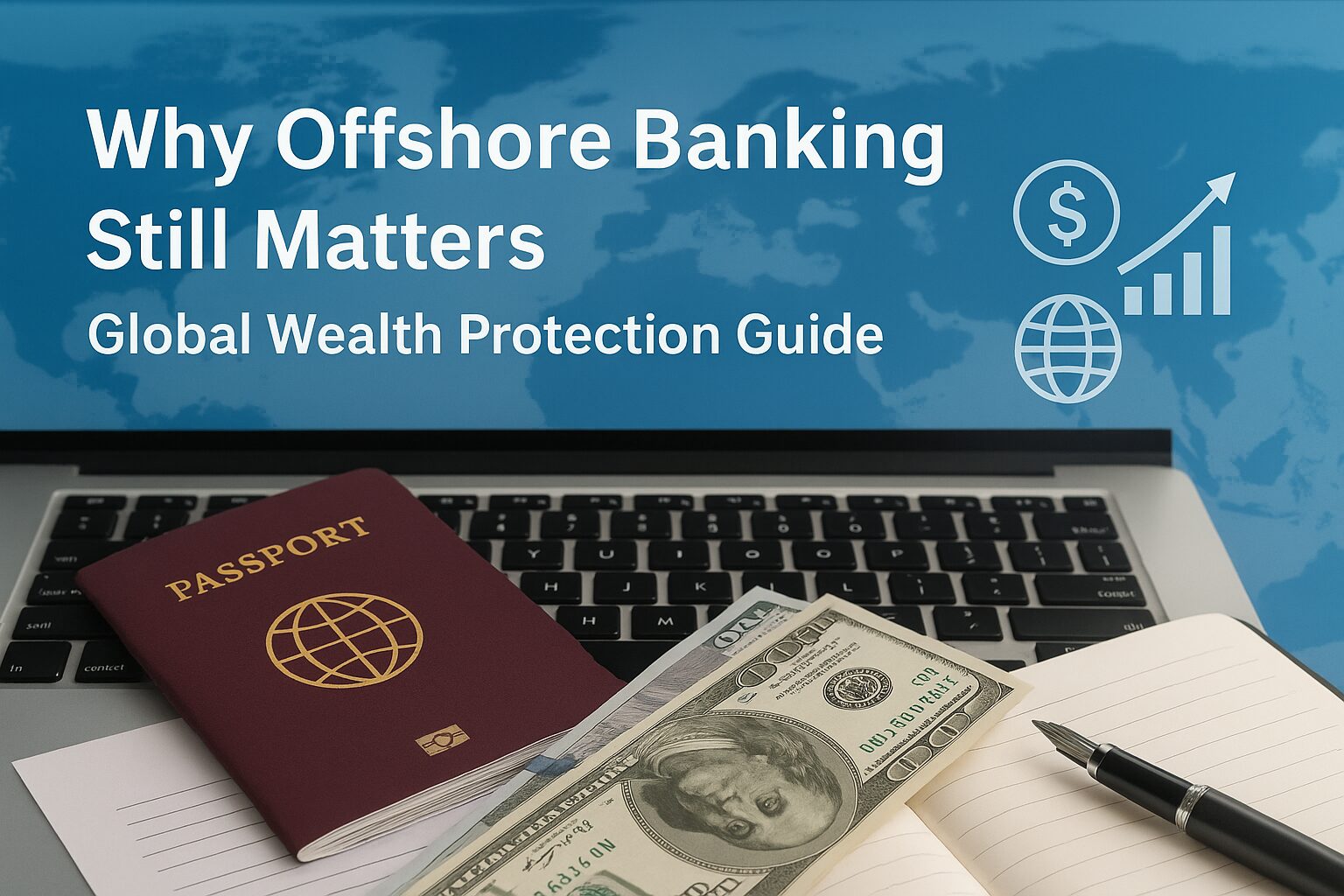Offshore banking guide with passport, currencies, and world map on a modern desk.