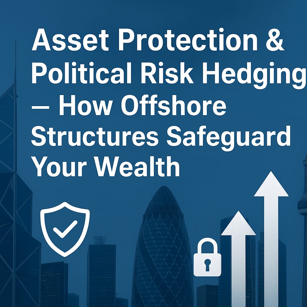 Offshore wealth protection concept with currencies, passport, and legal documents on a desk with city skyline in the background.
