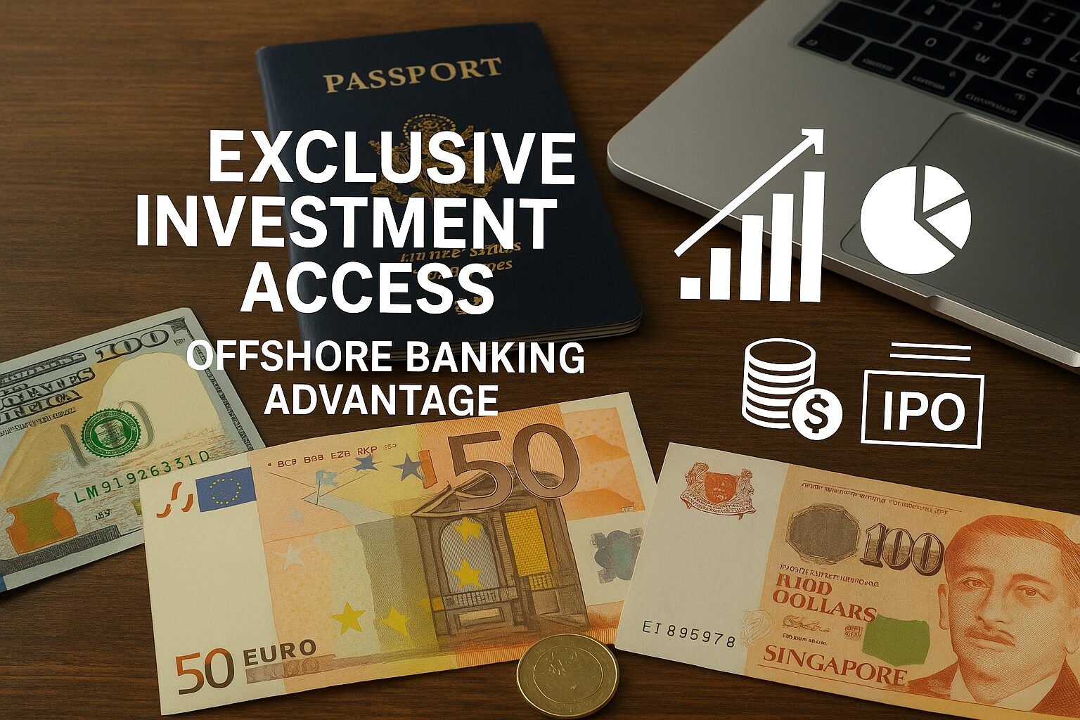 Offshore banking investment concept with multiple currencies, charts, and passport on a desk