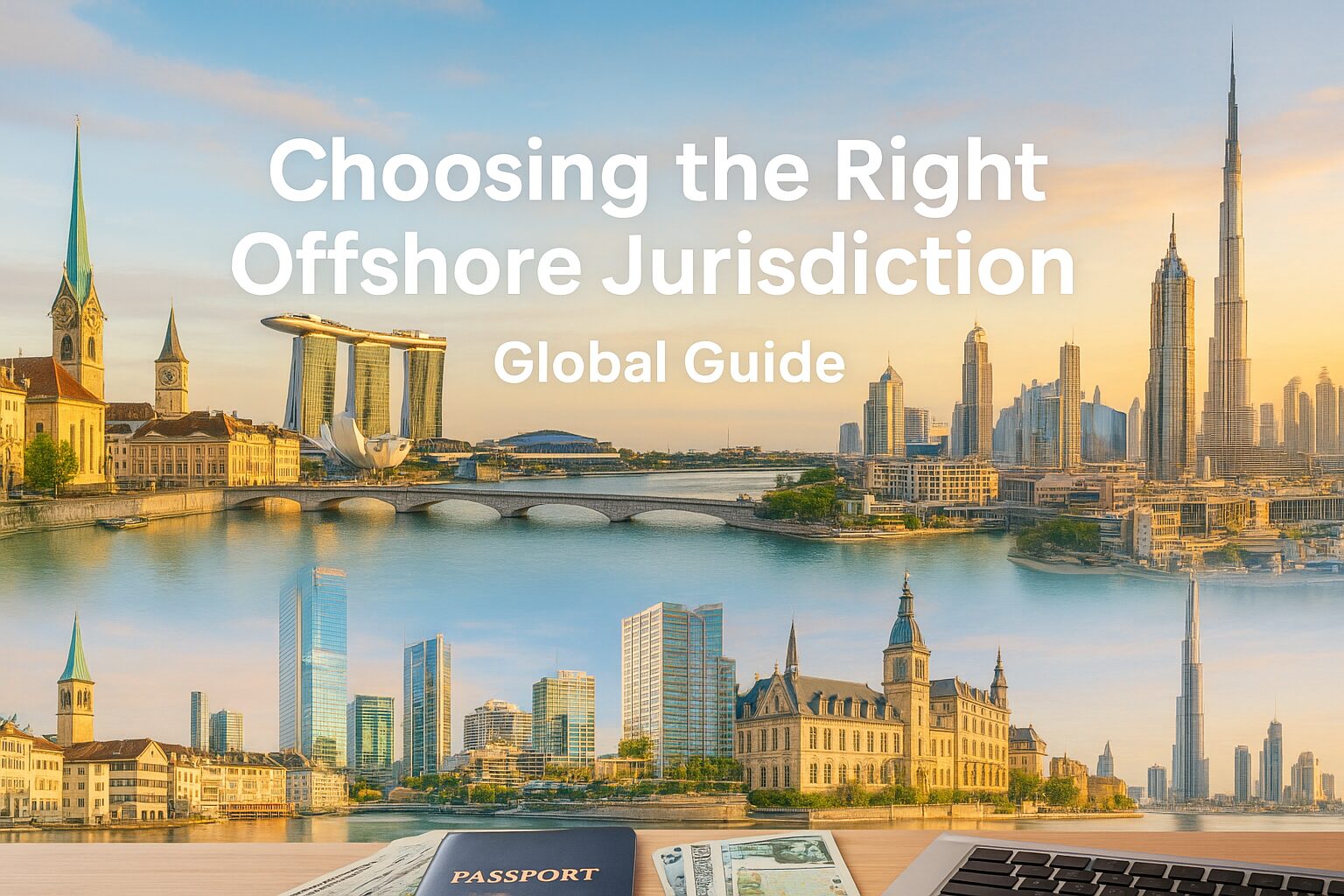A professional desk with passport, currencies, and laptop in front of global financial landmarks like Zurich, Singapore, Cayman, Luxembourg, and Dubai.