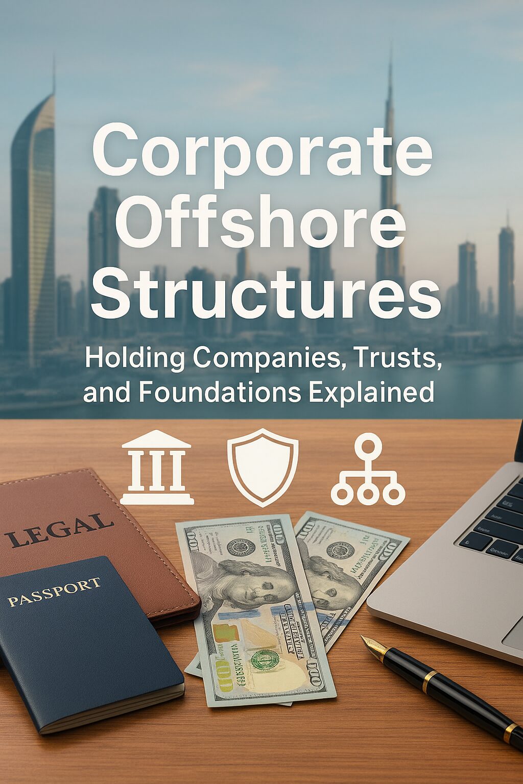 Offshore structures concept with legal documents, passport, currencies, and laptop on a desk with financial skyline background.