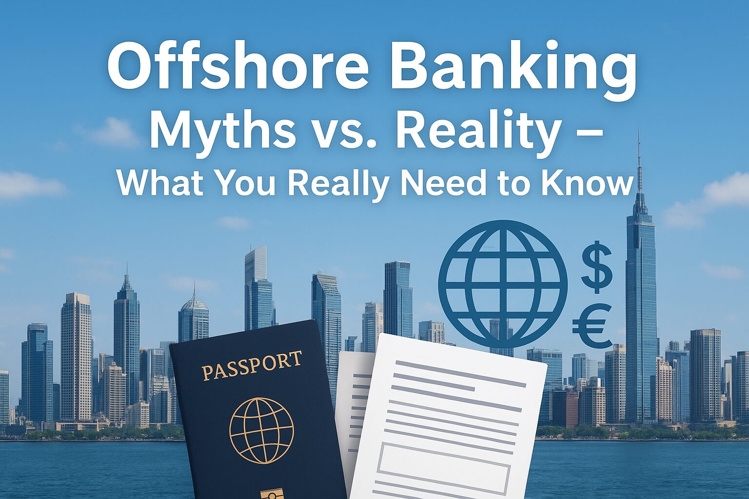 Offshore banking guide – passport, documents, and global financial skyline representing international wealth management.