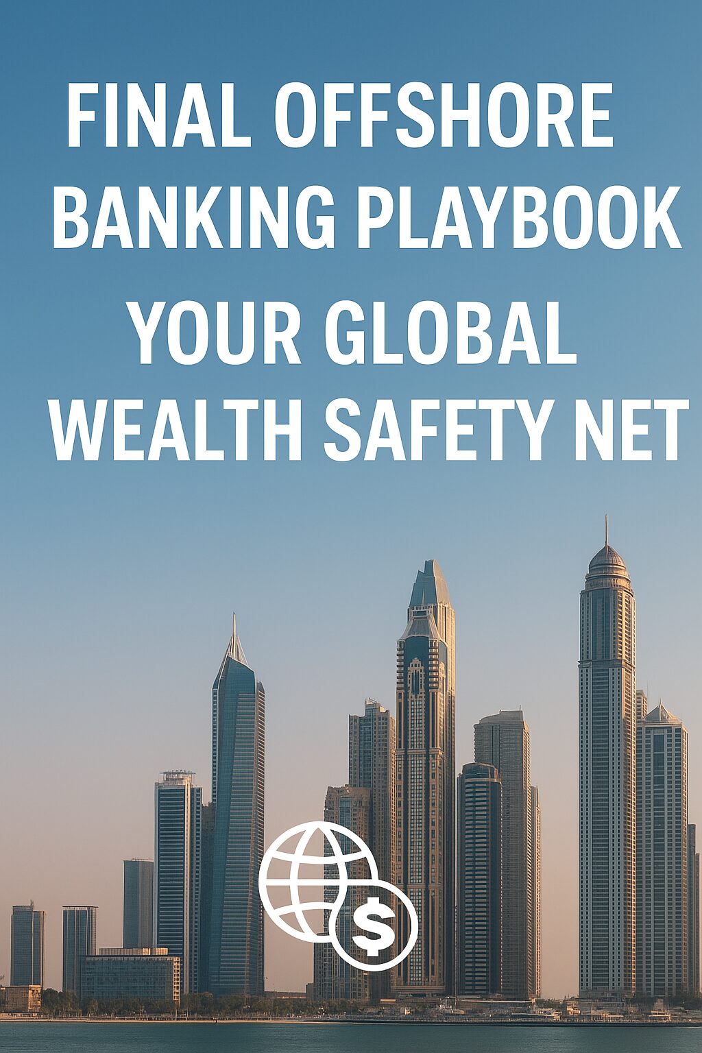 Offshore banking playbook cover with global financial skyline and wealth safety net theme.
