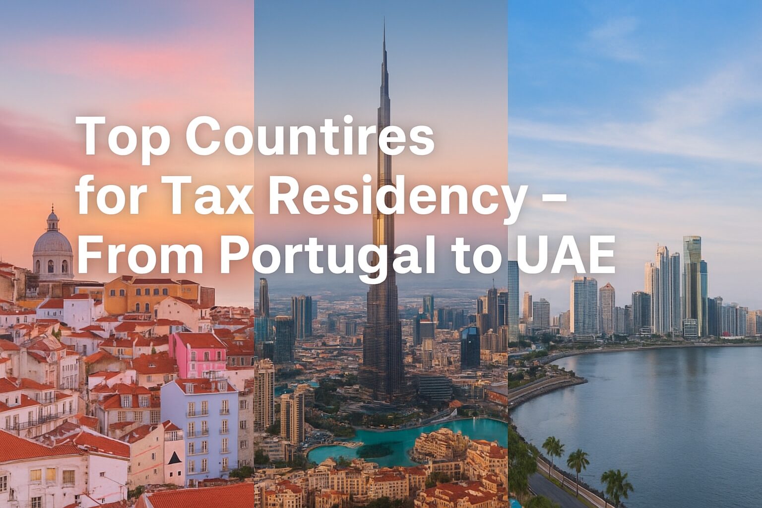 A panoramic view of global financial hubs like Lisbon, Dubai, Monaco, and Panama representing top tax residency destinations