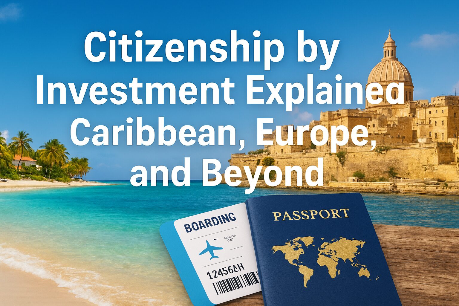 A composite of Caribbean islands, Malta, and global passports symbolizing Citizenship by Investment programs