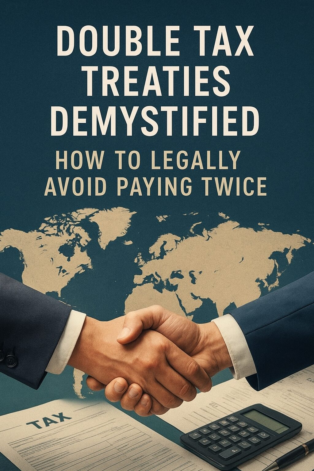 A symbolic image of two countries connected by a handshake and financial documents, representing double tax treaties and global tax agreements