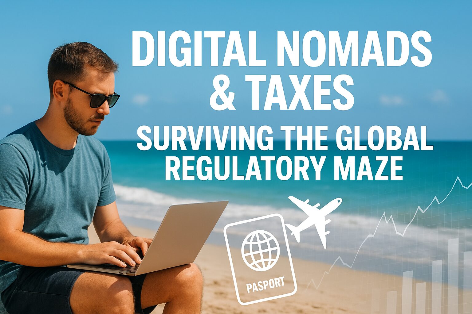 A digital nomad working with a laptop by the beach, layered with financial charts and a passport symbolizing global tax compliance