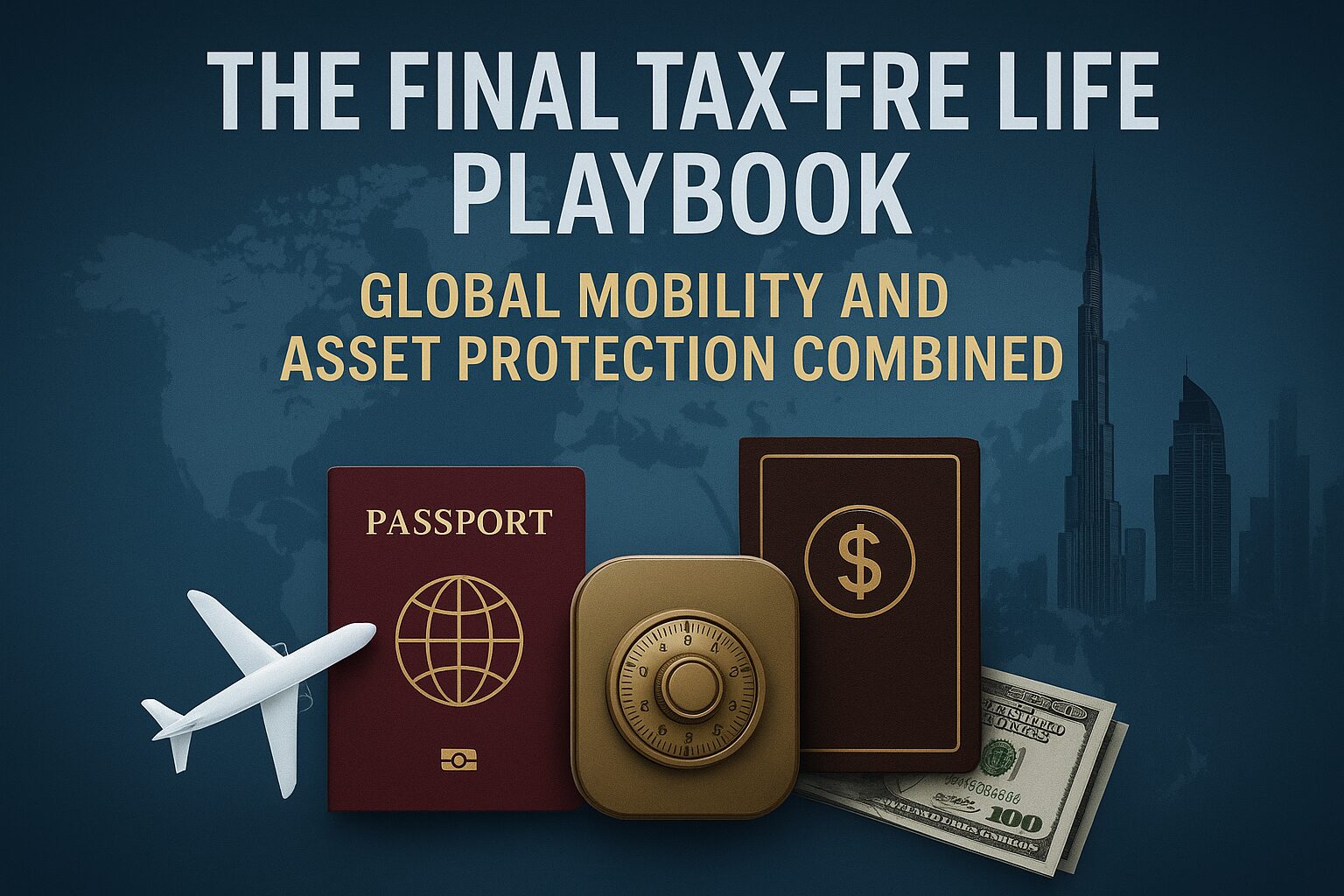 A symbolic composite image of passports, world map, luxury travel, and financial icons representing global tax-free living and asset protection