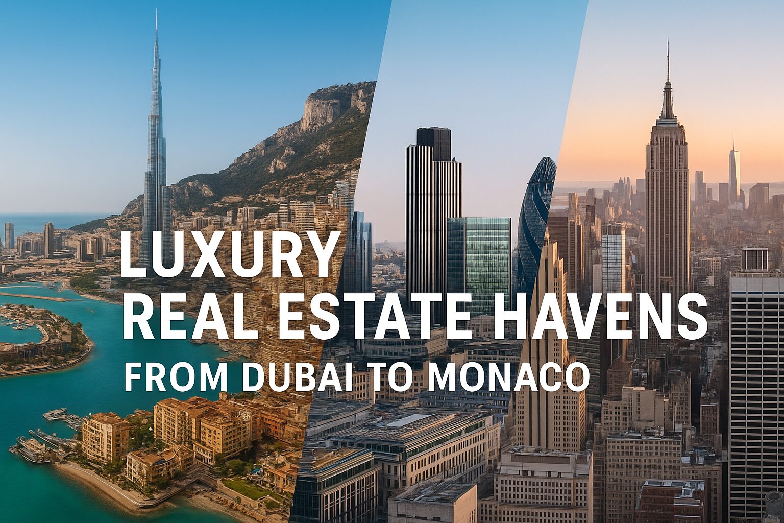 Global luxury real estate hubs including Dubai, Monaco, London, and New York as wealth havens