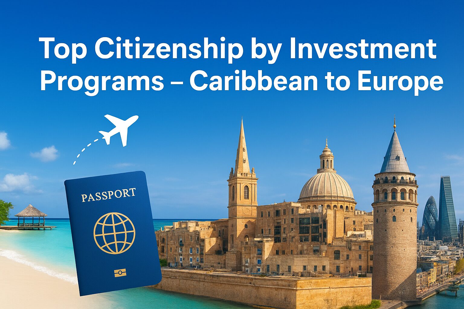 Caribbean and European citizenship by investment programs with passports, cities, and travel freedom concept