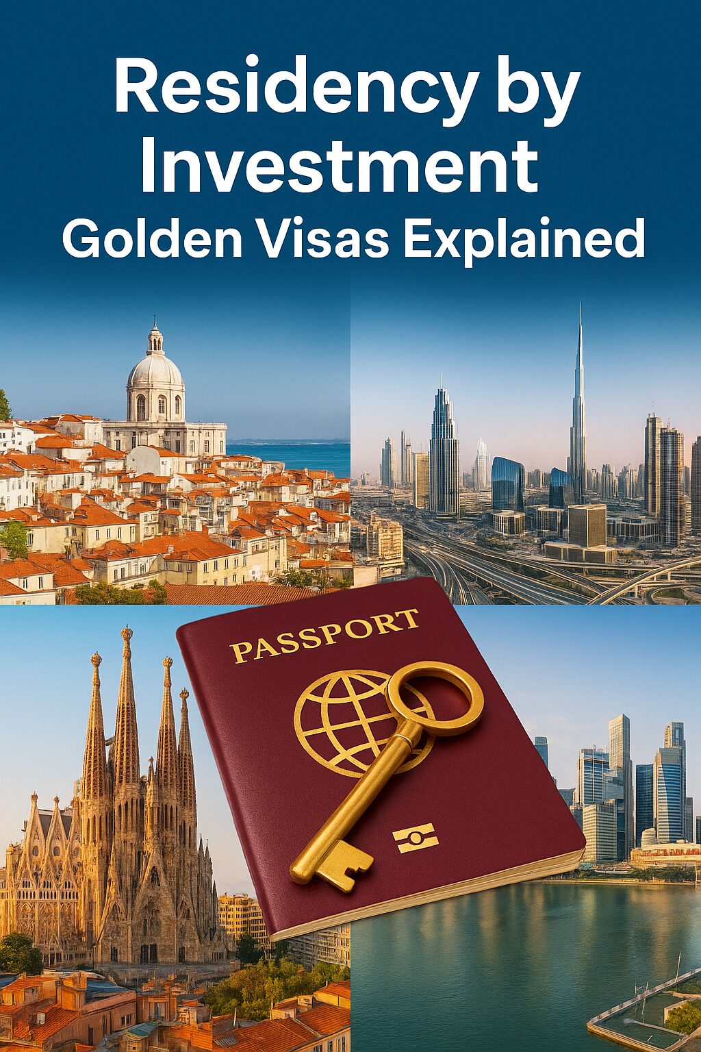 Golden Visa residency programs in Europe, UAE, and Asia with passports, city skylines, and investment lifestyle concept