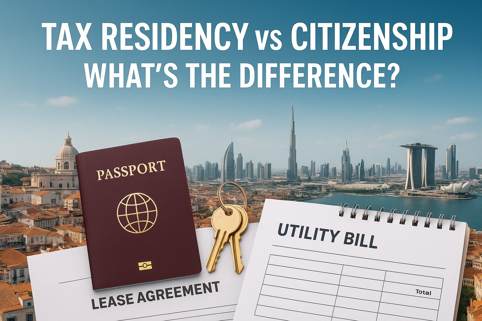 Passport versus home lease and utility bills with city skylines, illustrating the difference between citizenship and tax residency