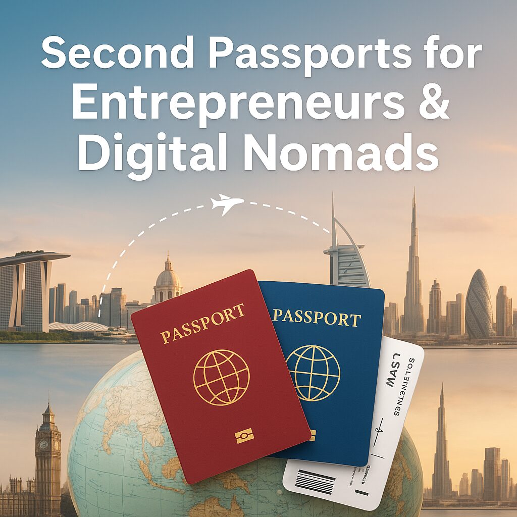 Passports and boarding pass over blended skylines of Singapore, Lisbon, Dubai, and London, symbolizing second-passport mobility for entrepreneurs and digital nomads