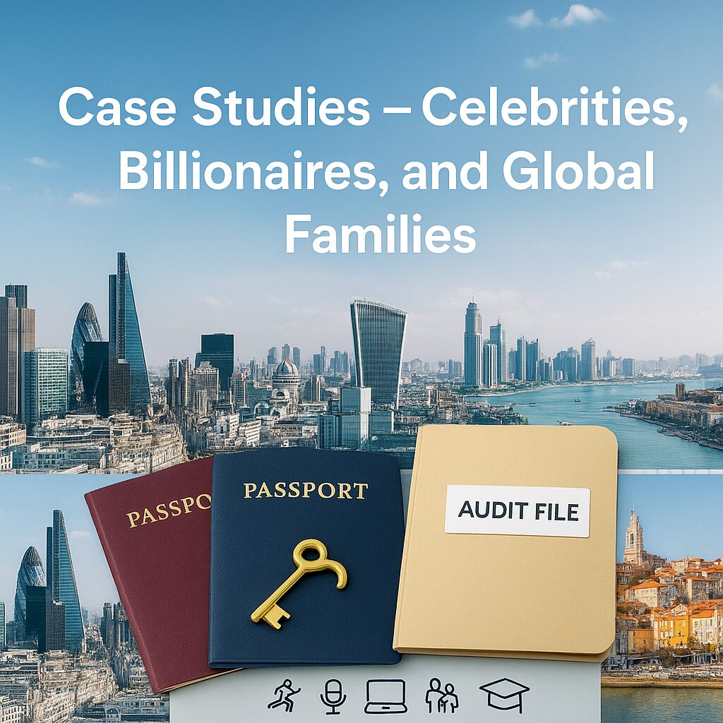 Passports, a golden key, and an “Audit File” folder over blended skylines of London, Dubai, Singapore, and Lisbon, symbolizing real global case studies across celebrities, billionaires, and global families.