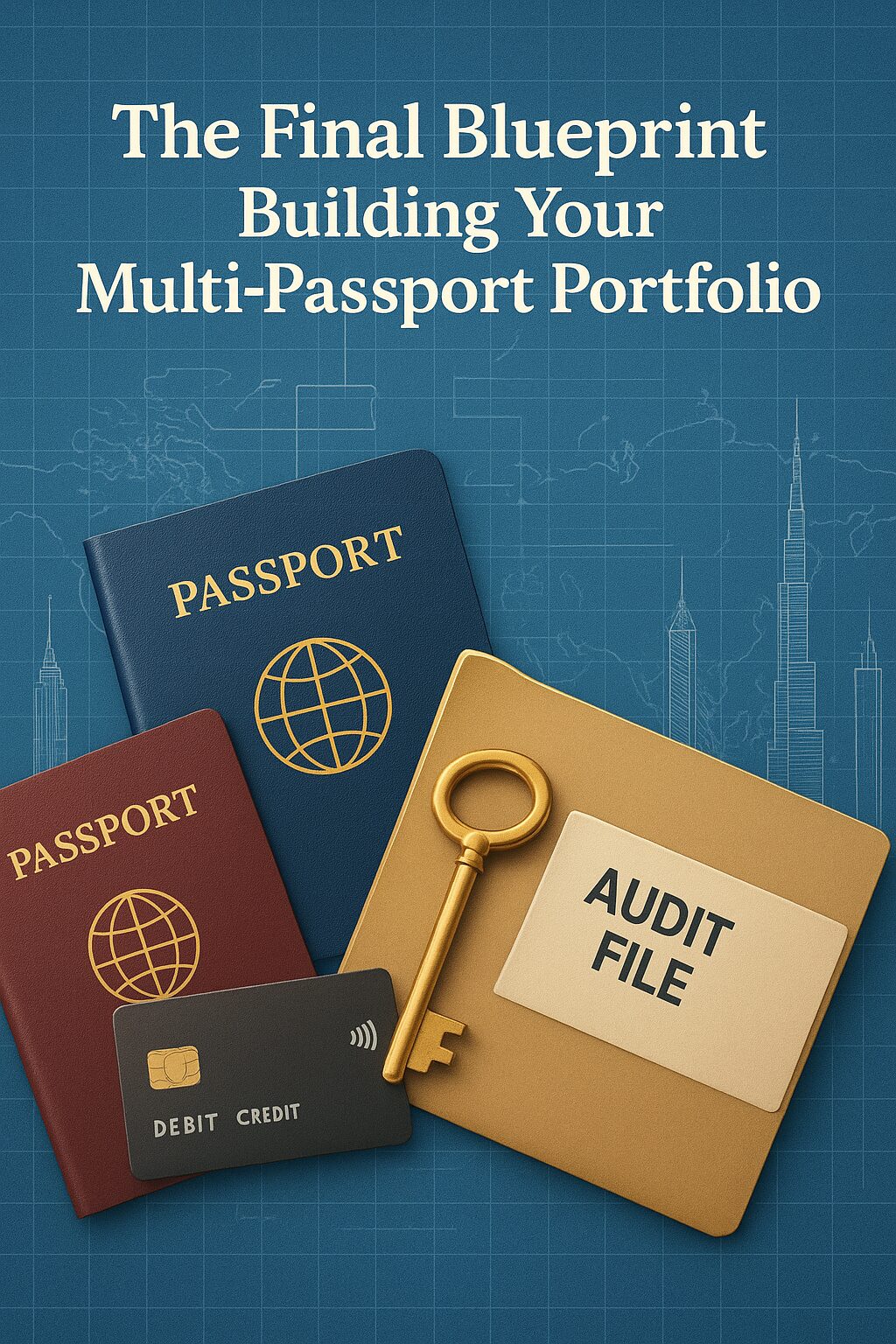 Passports, a golden key, a payment card, and an “Audit File” folder on a blueprint-style background with global skylines, symbolizing a layered multi-passport blueprint.