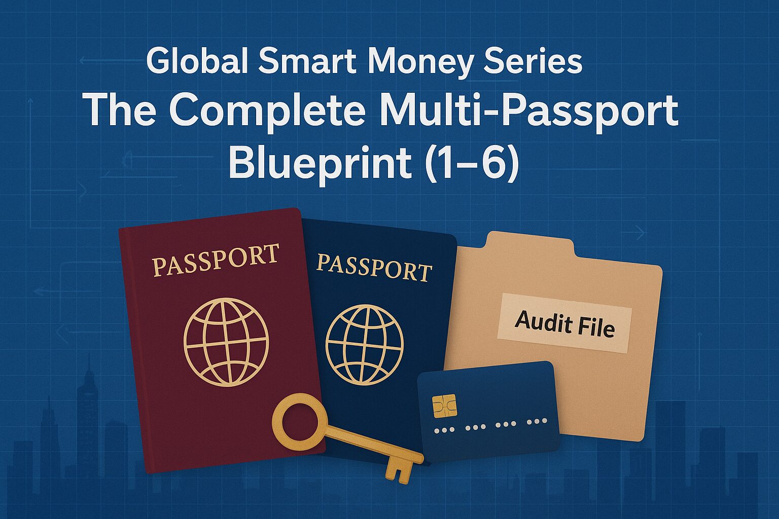 Passports, a golden key, a payment card, and an “Audit File” folder on a blueprint-style background with blended global skylines, representing the series hub for multi-passport guides.