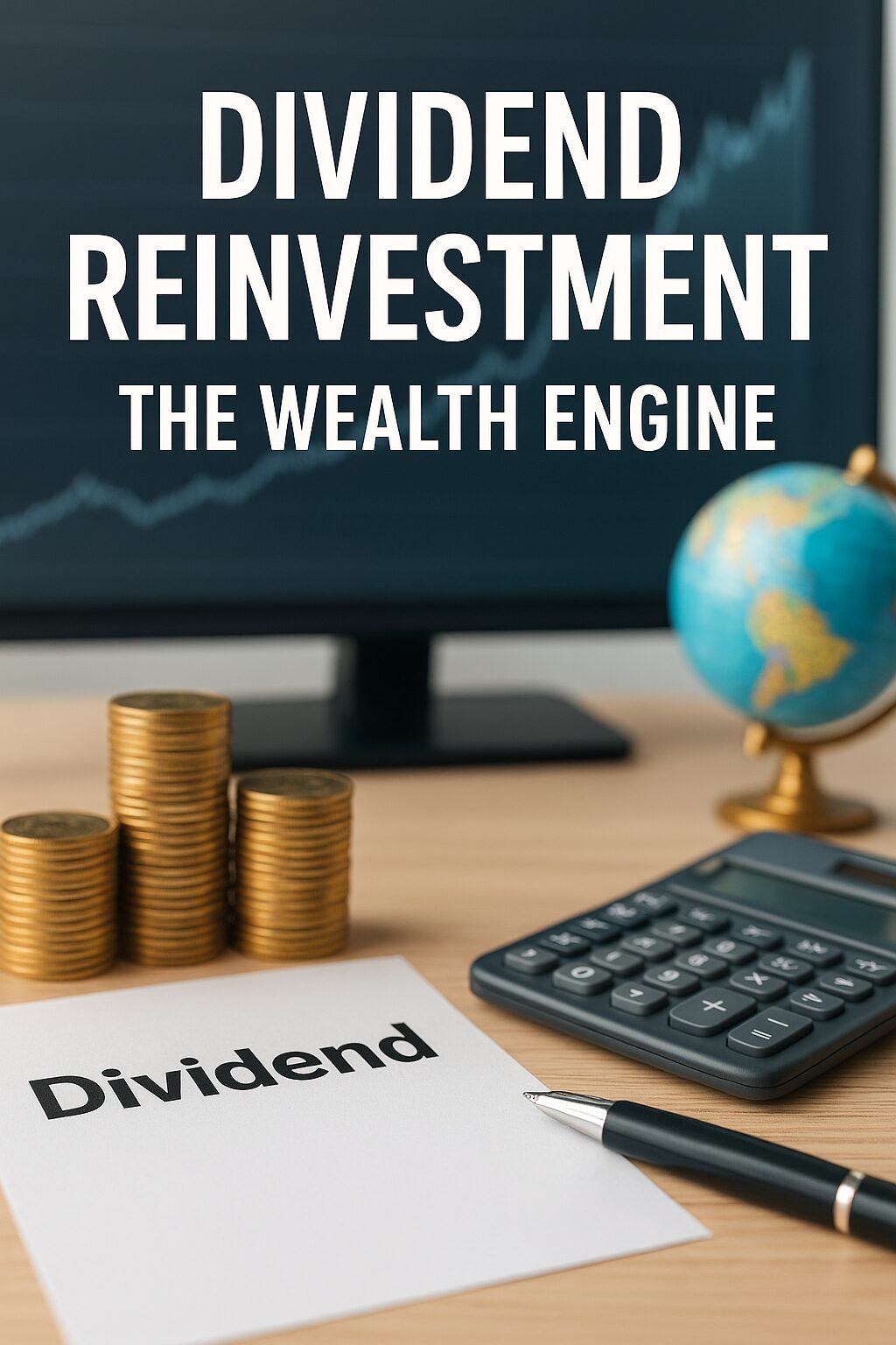 A realistic photo showing coins, dividend documents, and charts symbolizing reinvestment strategy