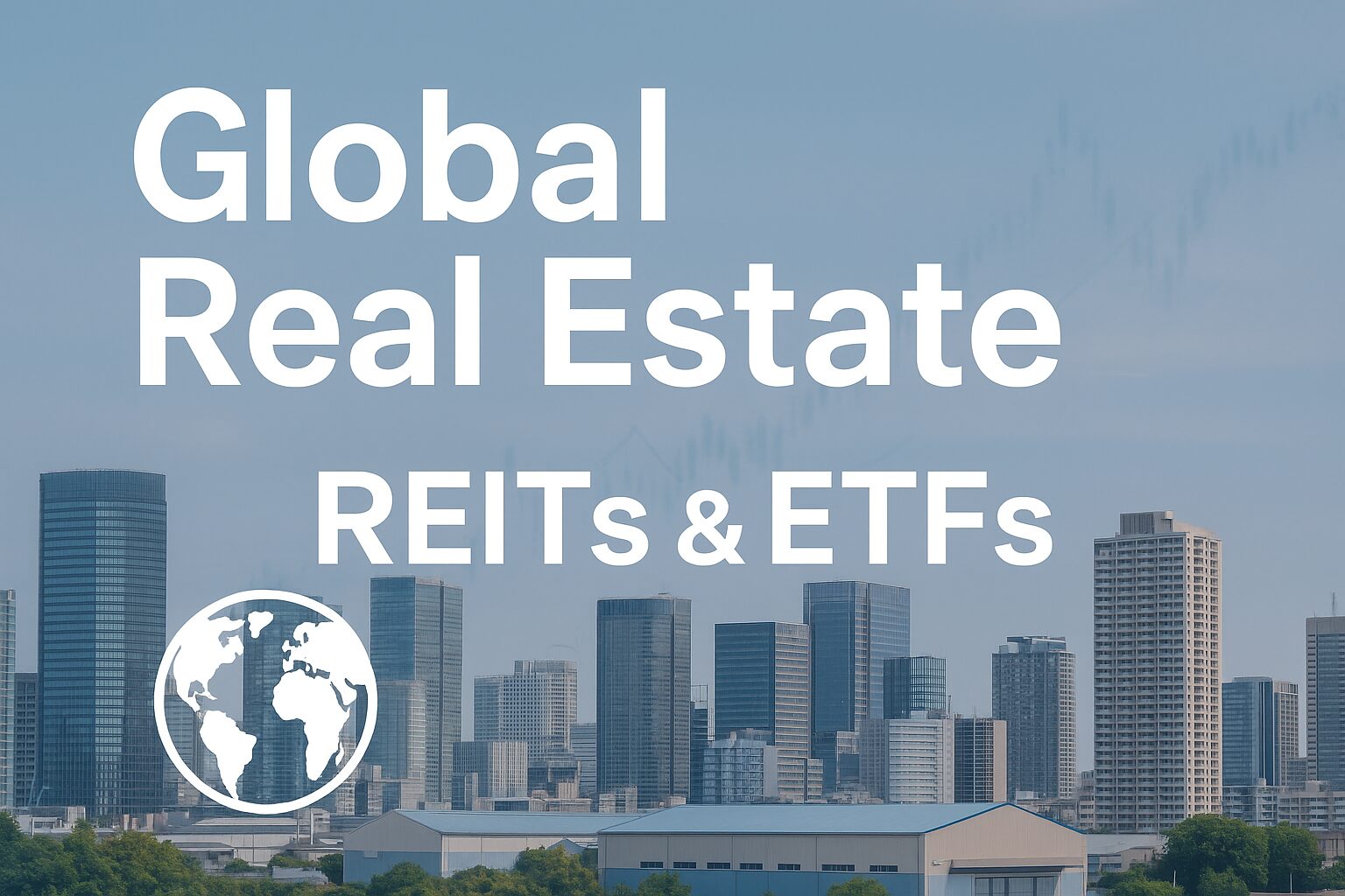 A realistic photo of international real estate skyline with financial charts, symbolizing REITs and ETFs