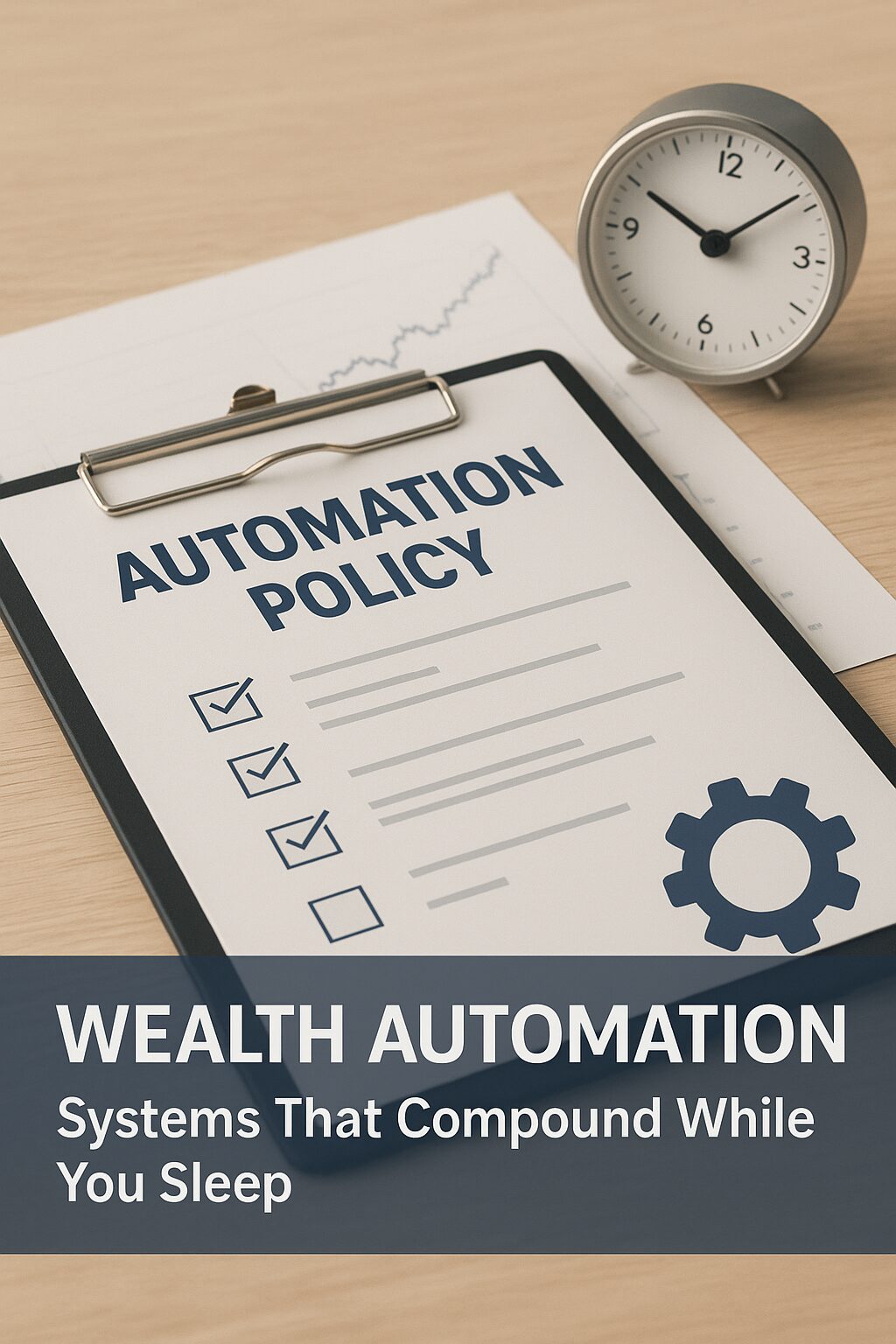 A realistic photo showing an automation checklist, a clock, and financial charts symbolizing wealth systems running automatically