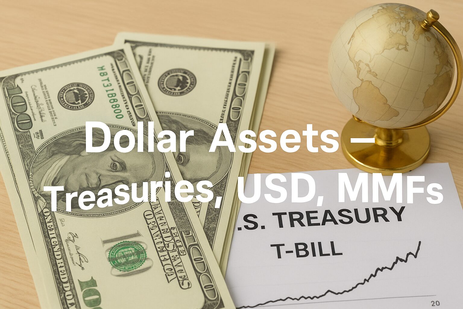 A realistic financial photo with US dollar bills, Treasury bond documents, and a small globe symbolizing global safe assets