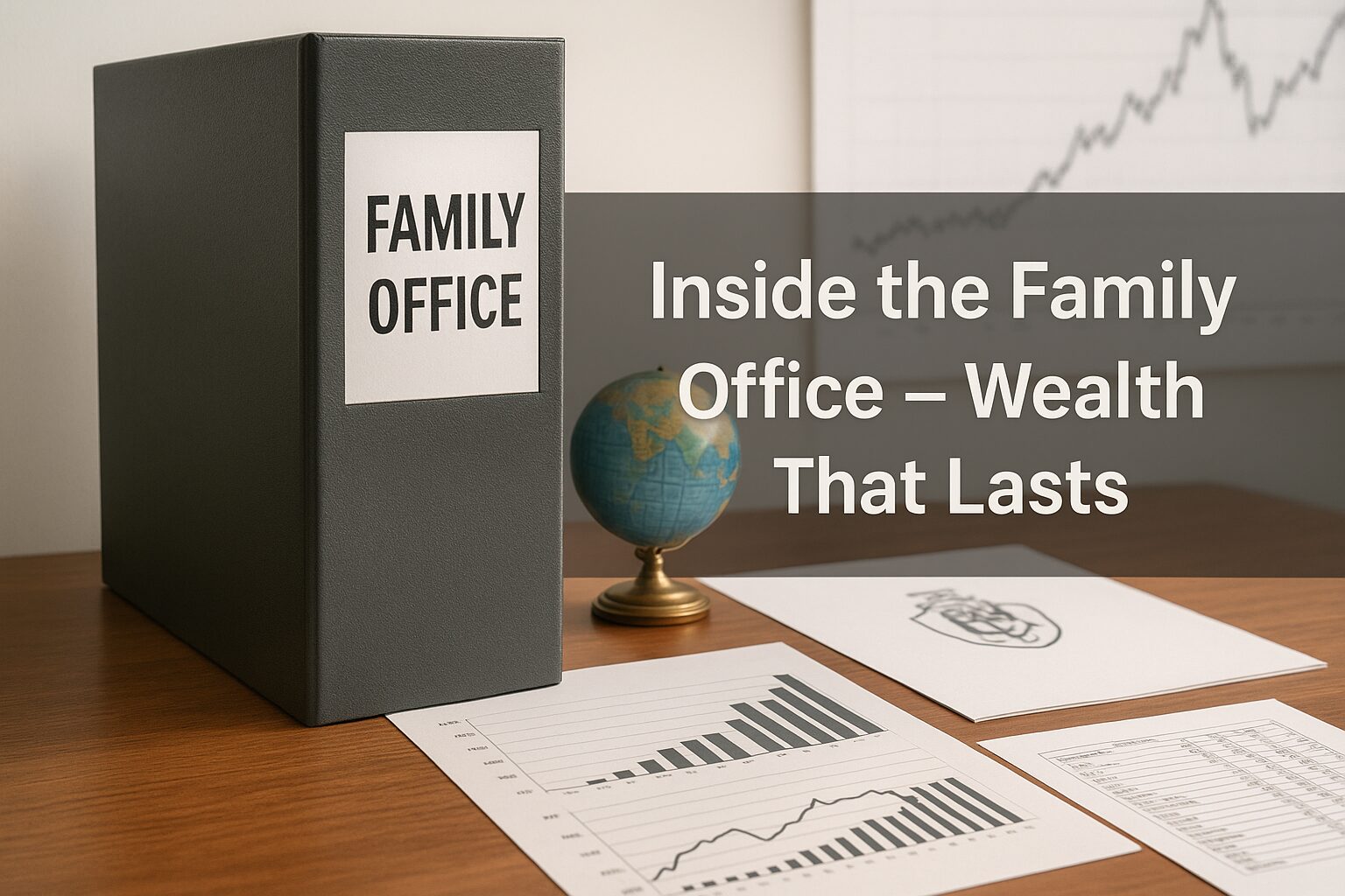 A realistic photo of a professional office desk with financial binders, charts, and a globe symbolizing family wealth management