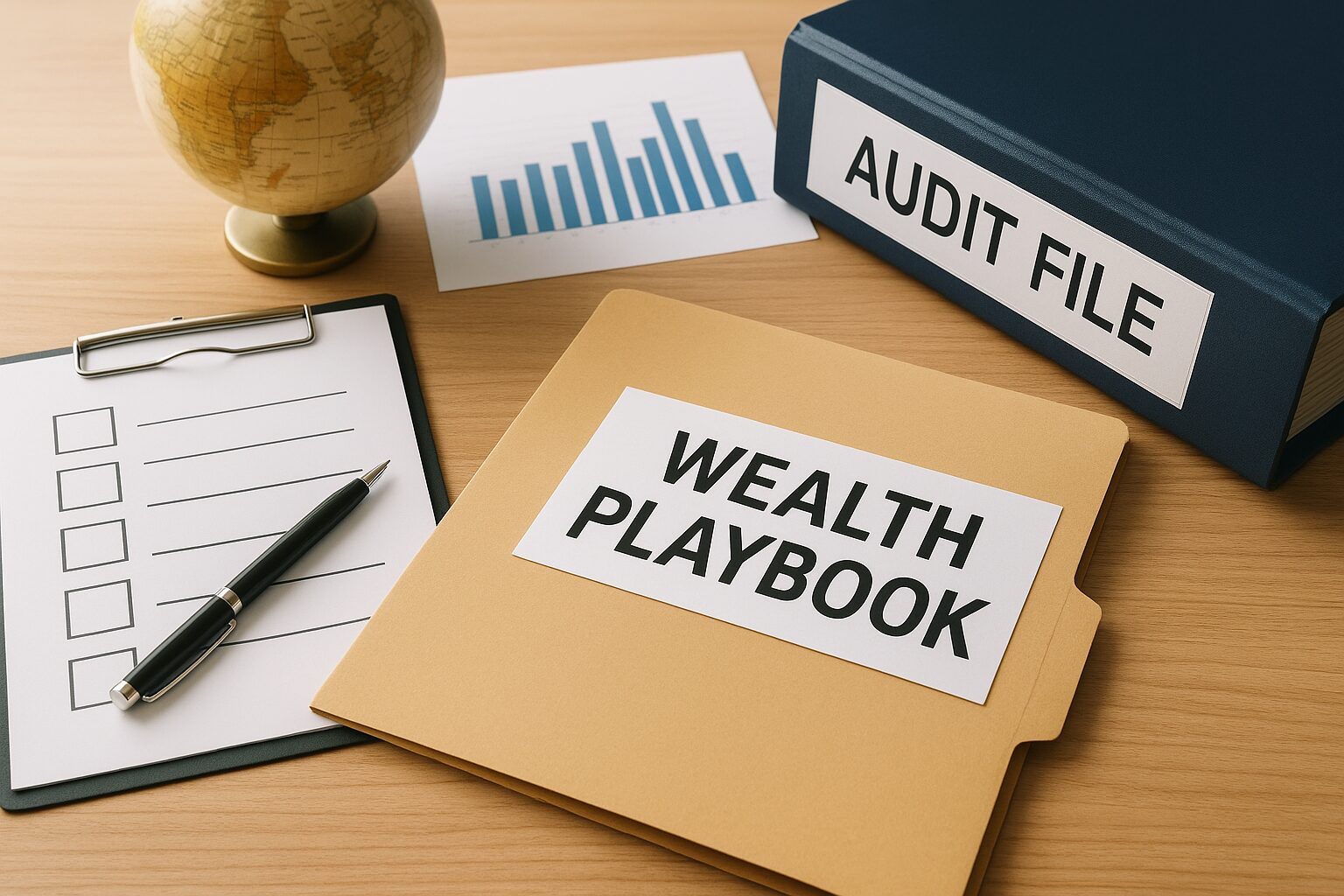 A realistic financial photo showing a binder labeled Wealth Playbook, documents, a globe, and financial charts symbolizing global wealth systems